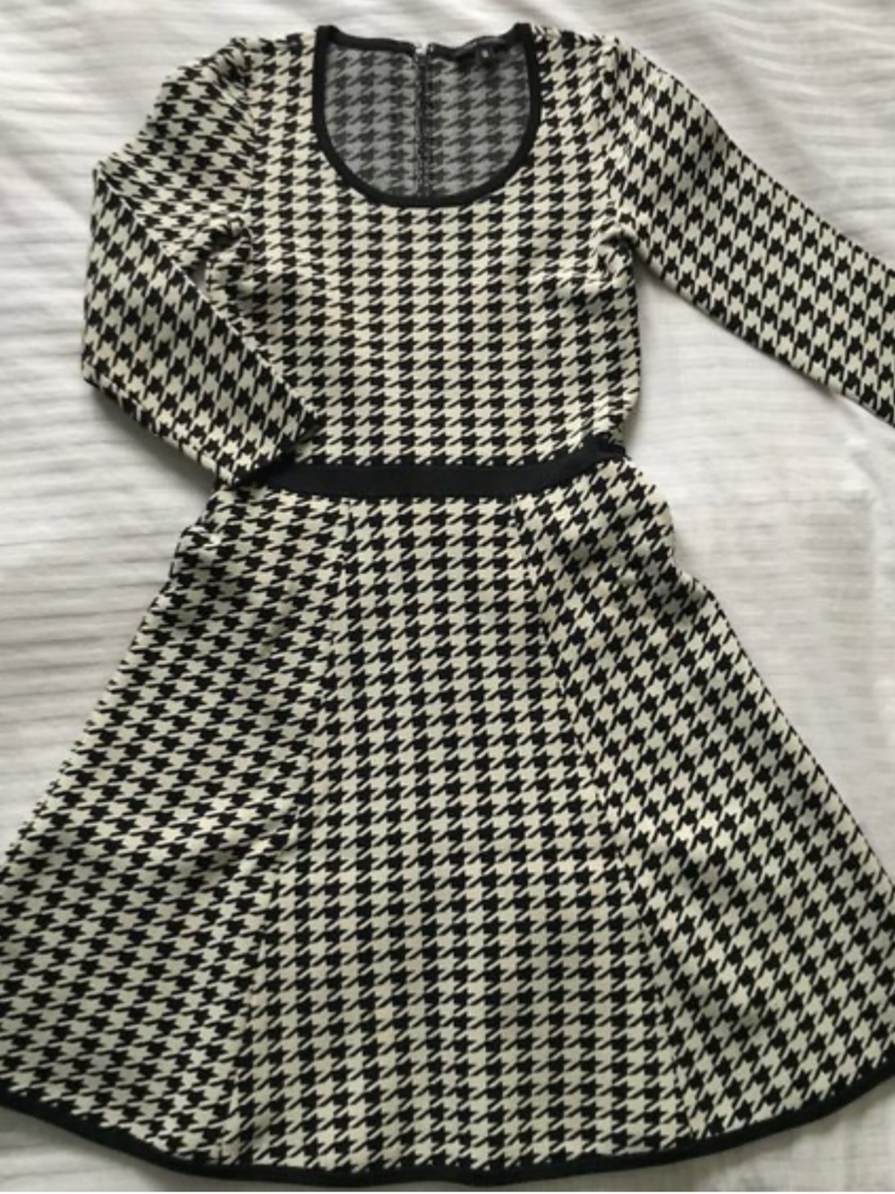 Pink Tartan Houndstooth Long Sleeve Fit-and-Flare Dress